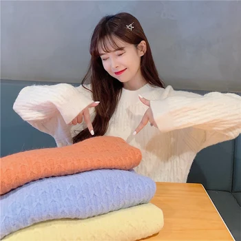 

Pullover sweater Women 2020 O-neck Soild Color Loose Knitted Lady Tops Harajuku Loose Autumn Wear Knitwear Female