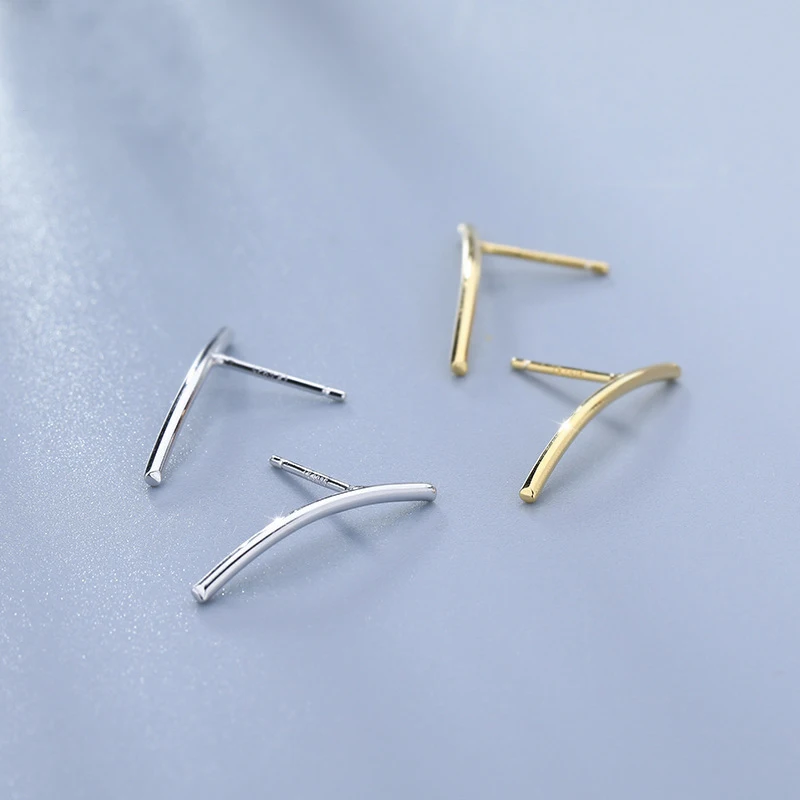 

100% Real 925 Sterling Silver Simple Bar Stud Earrings Glossy Curved Earrings For Women Hypoallergenic Jewelry