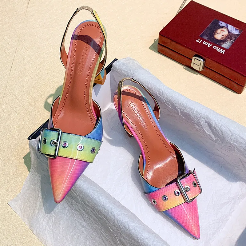 Women's Sandals 2020 Summer Pointed Toe Belt Buckle High Heels Sandals Shoes Woman Sexy Stitching Color Wine Glass Heel Sandals (3)