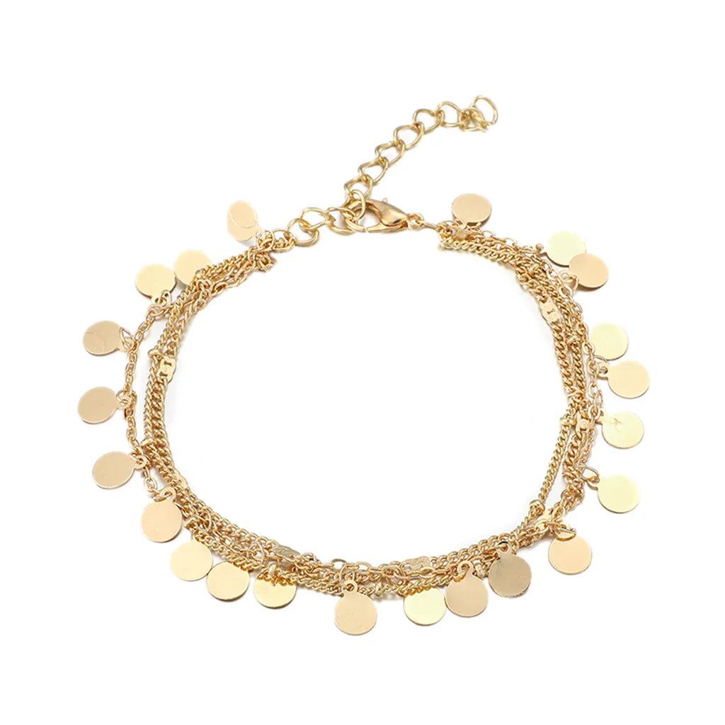 3 Piece Set Leg Chain Round Piece Sequin Alloy Anklet Beach Ankletwomen Barefoot Crochet Bracciale Da Donna Accesorios Mujer
