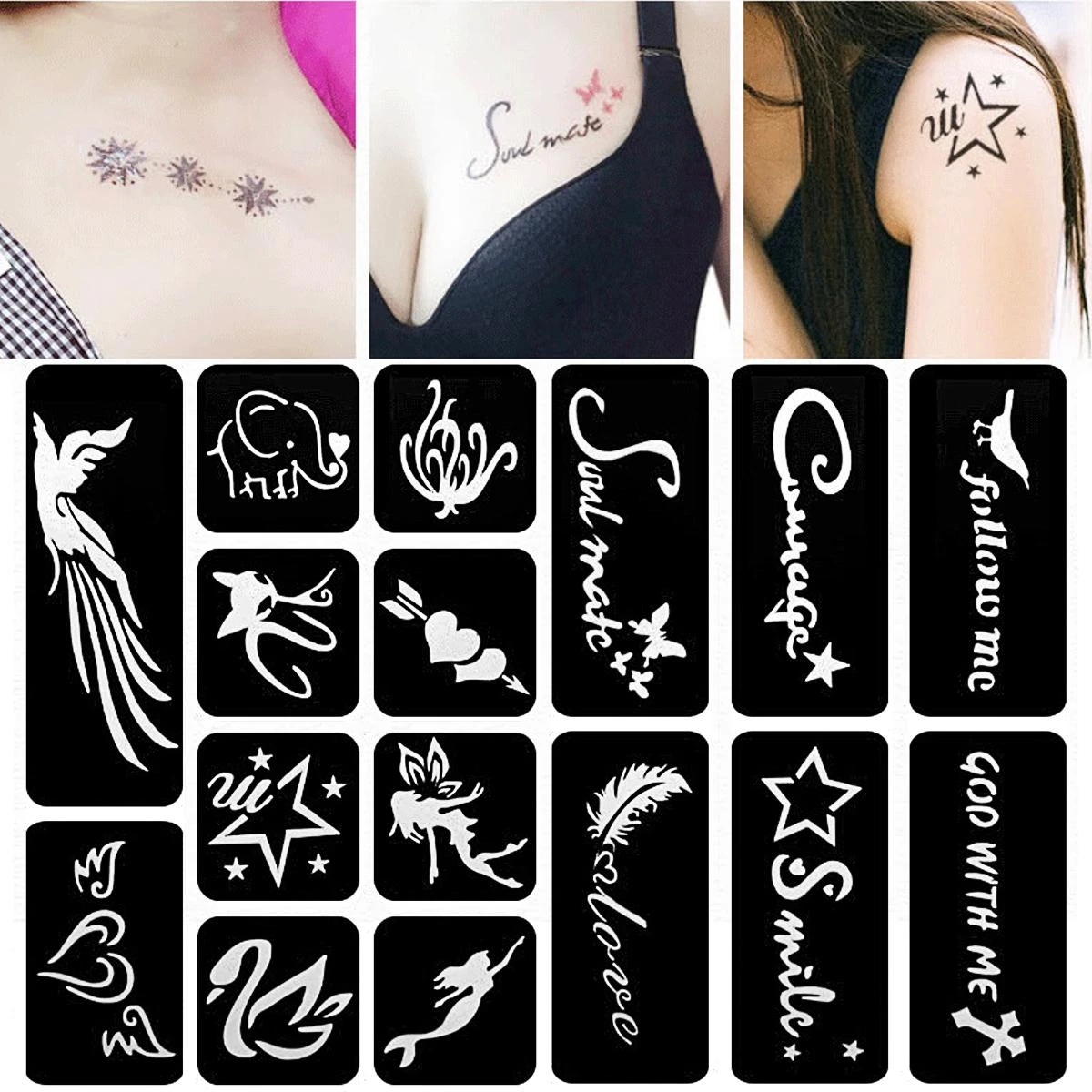 Stencil per tatuaggi temporanei 118 modelli hennè Glitter aerografo pittura insetto fiore lettera donne Sexy Body Art modelli di tatuaggi
