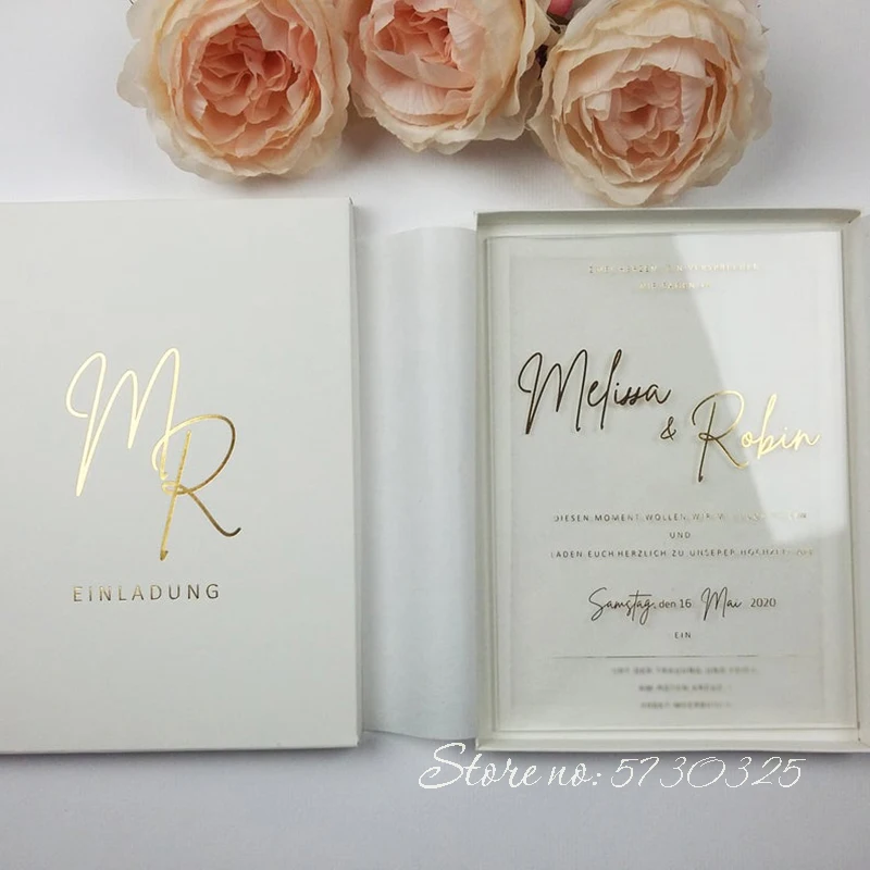 Luxury Gold Foiling Acrylic Wedding Invitations with Box Marriage Cards Popular Invitation Cards