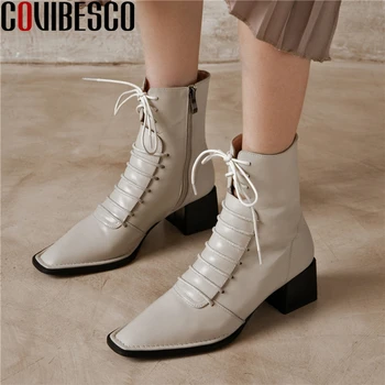 

COVIBESCO Retro Square Toe Women Ankle Boots Narrow Band Autumn Winter Shoes Woman Side Zipper Thick Heels Genuine Leather Boots