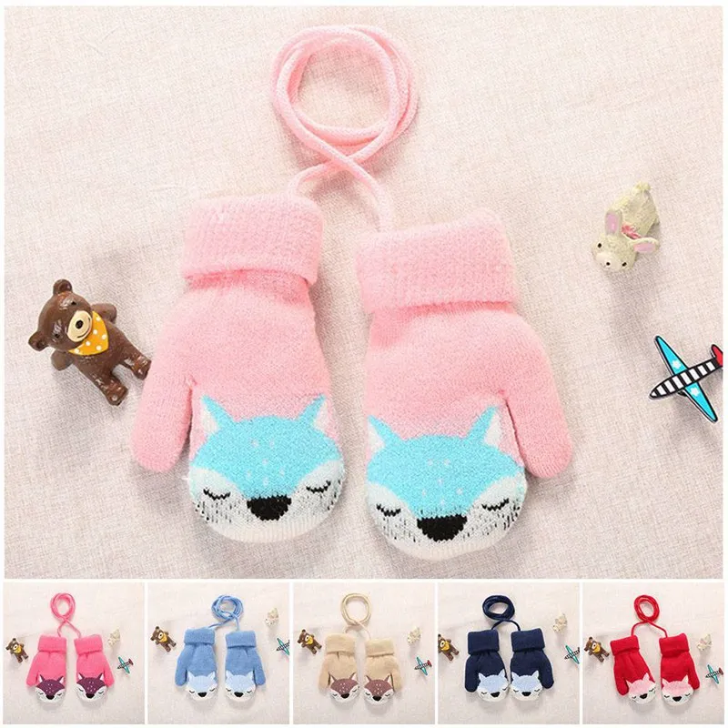 New 0-3 Y Cute Cartoon Fox Baby Gloves Winter Wool Plus Thick Full Rope Finger Mittens Warm Knitted Gloves For Kids Boys Girls