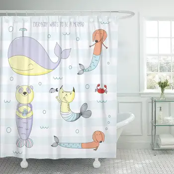 

Cute Whale Mermaid Cat Dachshunds Panda Fish Crab Shower Curtain Waterproof Polyester Fabric 72 x 72 Inches Set with Hooks