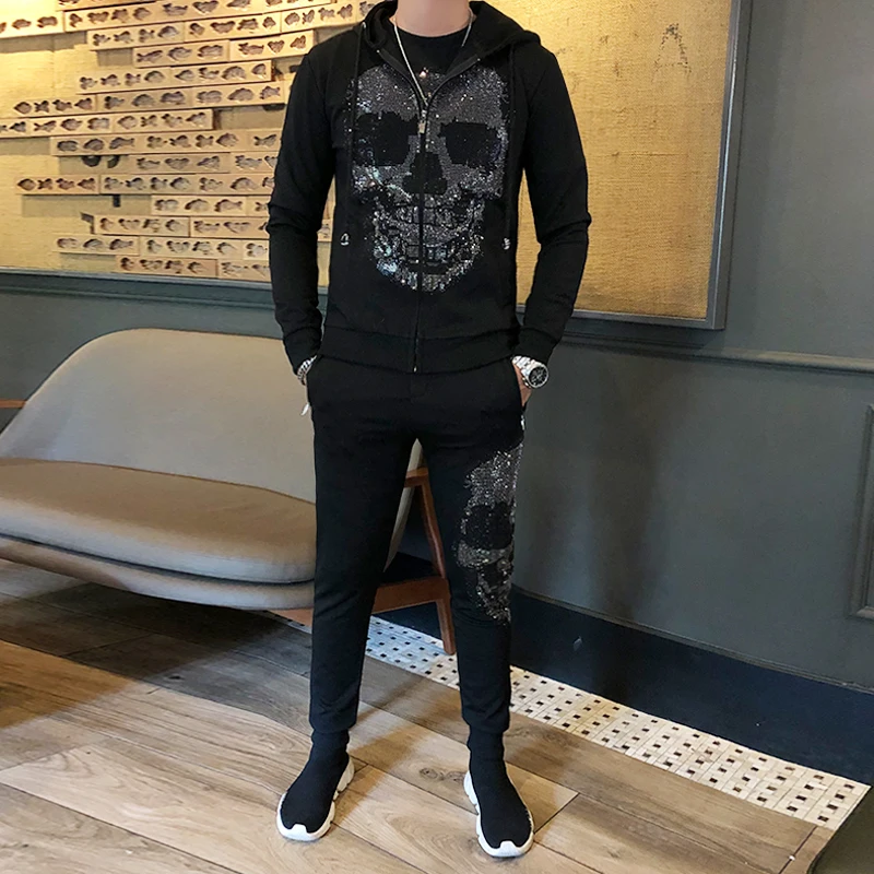 Casual Pants Rhinestones Mens Star Brand Jacket 2piece-Set New Big Skull Pullover High-Quality
