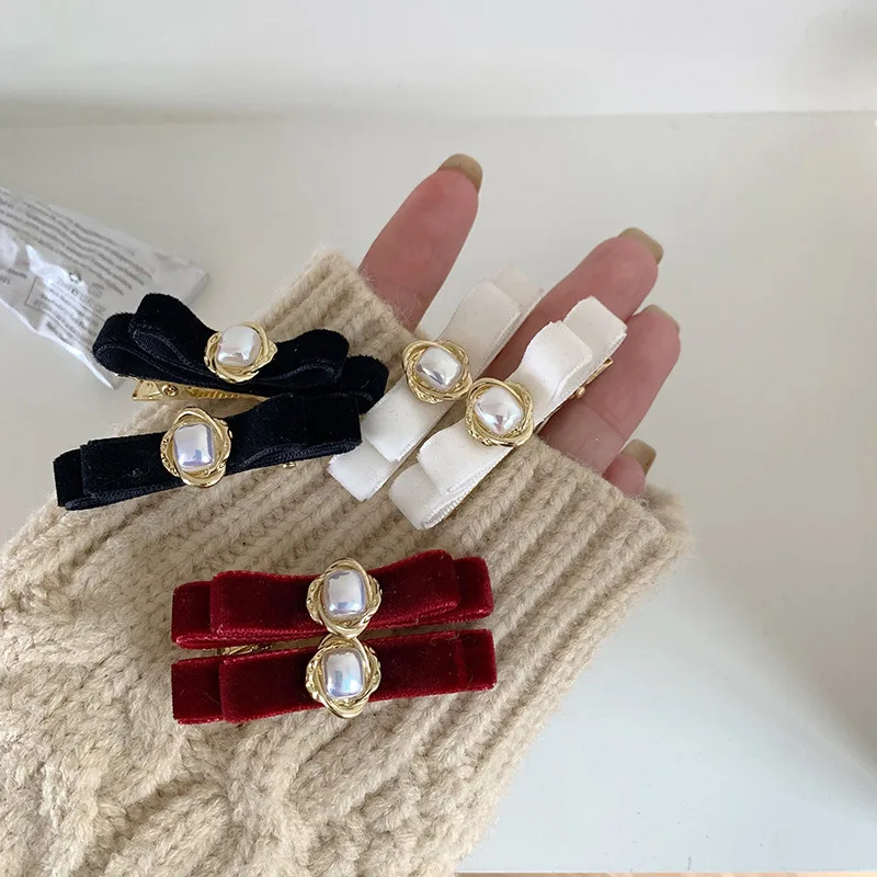 Super exquisite double ponytail velvet bowknot pearl hairpin