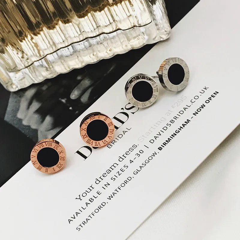 1.2 Cm Round Tag Stud Earring For Women Black Stone Rose Gold Silver Color In Solid Titanium Stainless Steel Sweet Fashion | Украшения и
