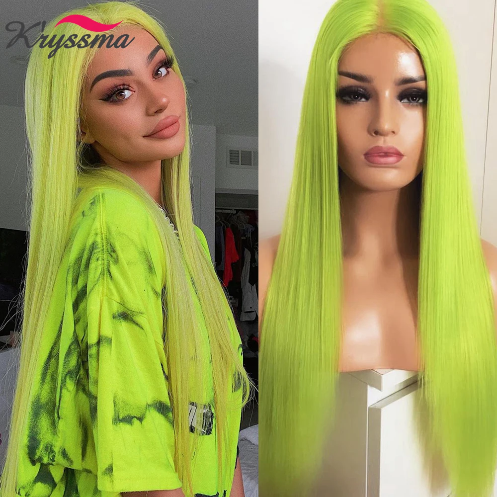Kryssma Long Straight Lace Front Wig Neon Green Synthetic Wig Heat