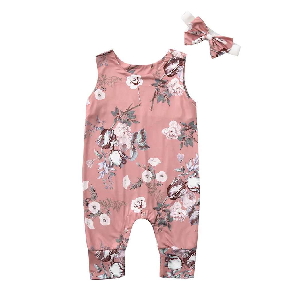 Newborn Baby Girls Jumpsuit Infant Baby Floral Printed Sleeveless Jumpsuit Summer Toddler Kids Vest Romper+Headband Sets#LR