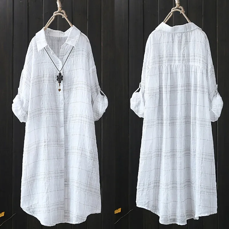 Plaid Linen Top Women Asymmetrical Blouse 2020 Spring Summer Loose Female Casual Tunic Long Sleeve Shirt Woman Blusas Tops 5XL | Женская