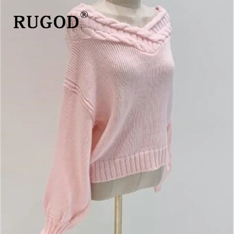 RUGOD, корейский стиль, с вырезом лодочкой, длинный рукав, однотонный, розовый, вязаный свитер, свободный, Повседневный, для девушек, с открытыми плечами, Повседневный, для девушек,, джемпер