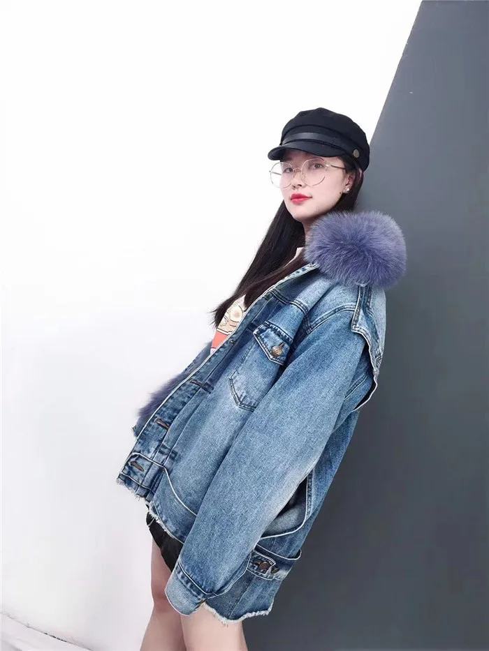 real fur coat Winter Jacket Women Coat Real fox Fur lined denim jacket Parka back letter print