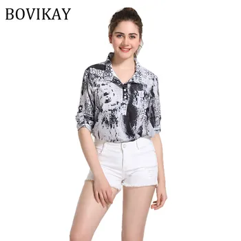 

BOVIKAY Summer 2020 European and American Womens Blouses Ladies Harajuku Short V-neck Printed Long Sleeve Female Shirts