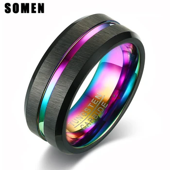 

Somen New Black Rings Tungsten for Men Party Jewelry Brushed Cool Rainbow Line 8mm Wedding Band Unisex for Cuouple Lover