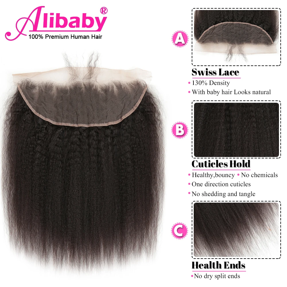 Alibaby кудрявые прямые волосы закрытие 8'-2" 13X4 уха до уха кружева лобовое Закрытие с волосами младенца Yaki человеческие волосы кружева Fronal