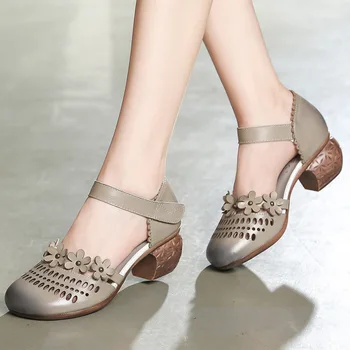 

ALISHINREY 2020 Summer Genuine Leather Women Sandals Summer Shoes High Heels Retro Handmade Women Shoes Hollow Out Sandal