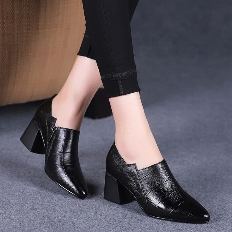 Women High Heels Square Soft PU Leather Office Lady Pointed Toe Side Zipper Pumps