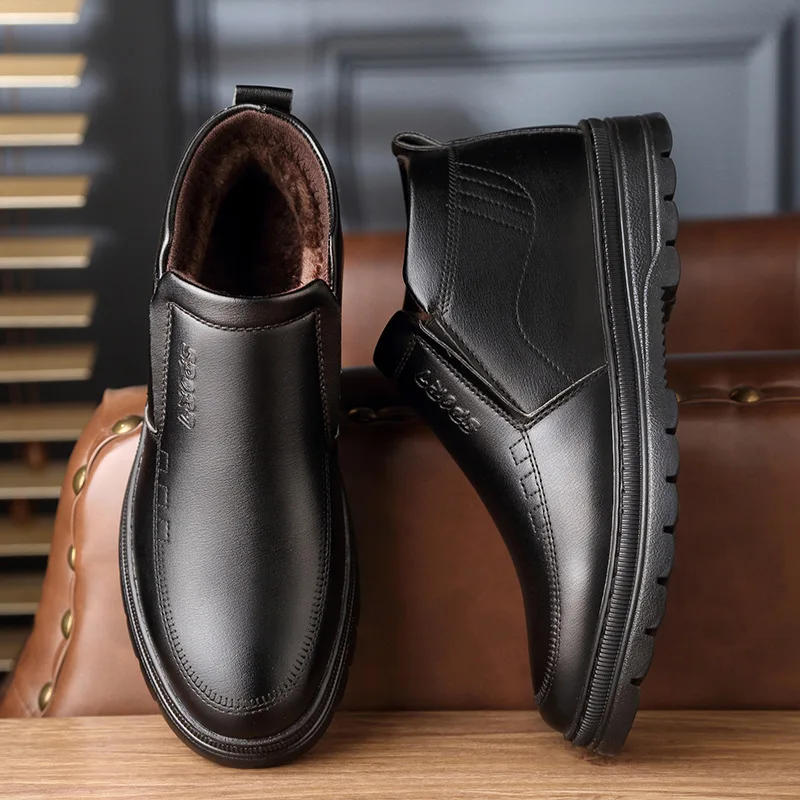 

Winter Men plus Velvet High Shoes Warm round-Toe Foot Covering Casual Shoes Middle-aged Shoes Dad PU Leather High Quality Cotton