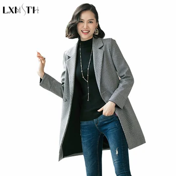 

LXMSTH Casual Long Blazers and Jackets Women Double Breasted Turn Down Collar Office Ladies Blazer Coats Big Size Gray Black