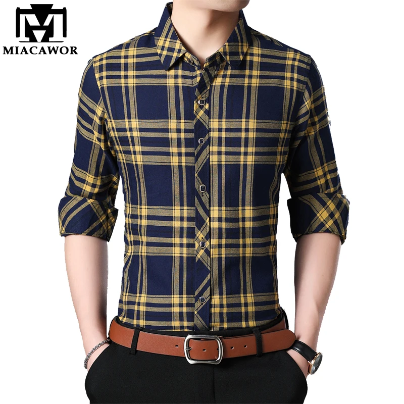 

MIACAWOR New Casual Shirt Men Cotton British Style Plaid Shirt Long Sleeve Camisa Masculina Slim Fit Dress Shirts Men C544
