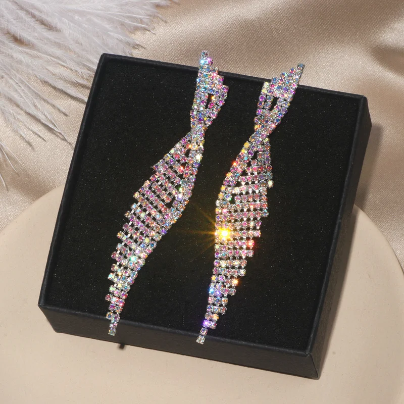 2020 Luxury Bling Colorful Crystal Rhinestone Long Tassel Earrings For Women Bridal Big Drop Dangle Earrings Wedding Jewelry
