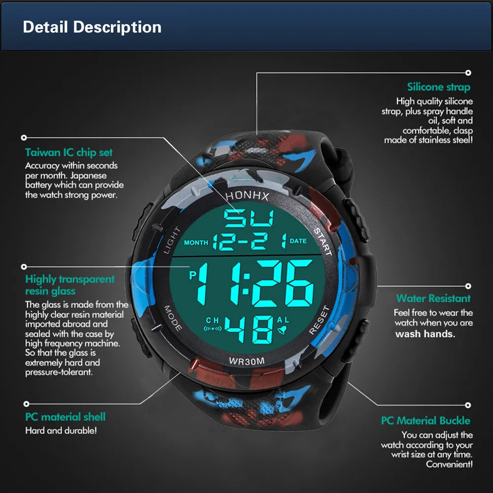 Fashion Men Led Digital Watch Waterproof Date Military Sport Rubber Quartz Watch Alarm Sport Digital Watches Reloj Hombre 2022