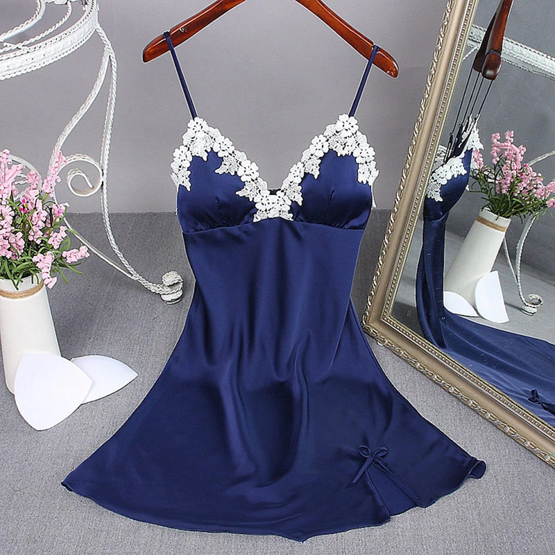

Women Sexy V-neck Beach Lingerie Night Dress Sleeveless Ladies Satin Nightgown Plus Size Lace Sleepwear Cover Dresses Pyjamas