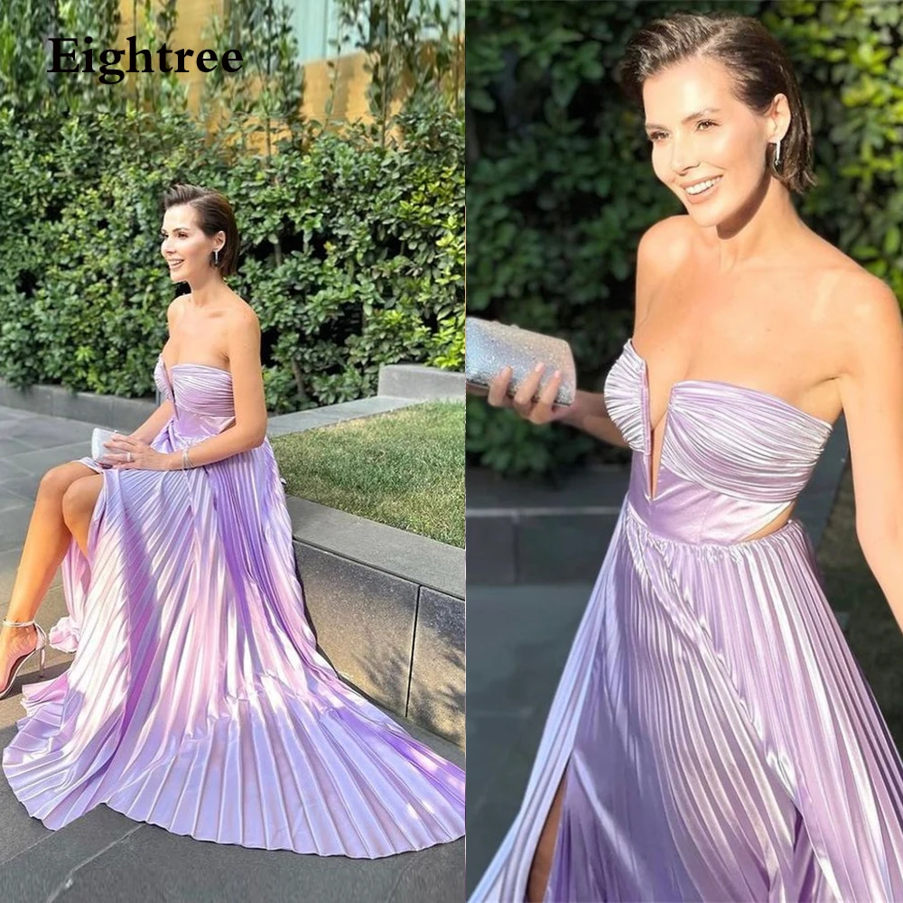 

Eightree Lavender Purple Sleeveless Long Evening Dress Soft Shinny Side Slit Strapless Pleated Party Gowns DressVestido De Noiv