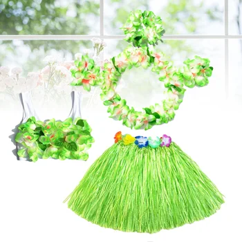 

6Pcs Hawaii Tropical Hula Grass Dance Skirt Kids Flower Leis Bracelets Headband Necklace Bra Set 40cm (Green Skirt)