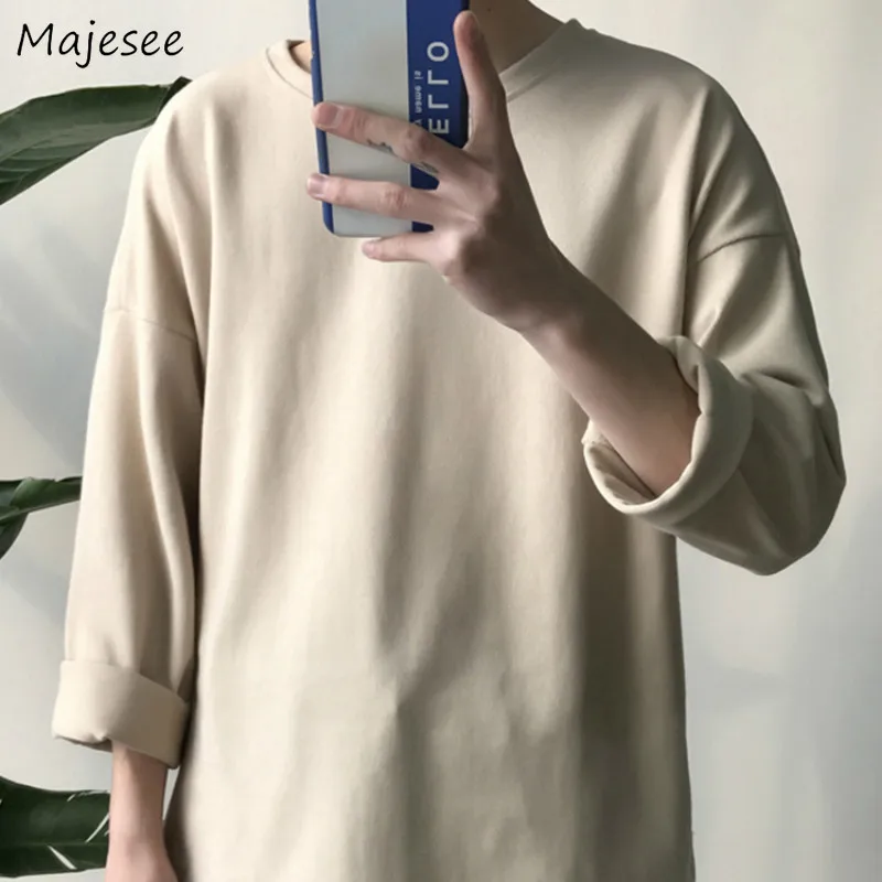 

Men Long Sleeve T-shirts Solid Ins Simple O-neck Mens Korean Style Loose Chic Trendy All-match Large Size Ulzzang Streetwear New