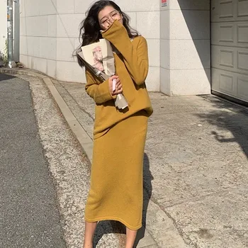 

Autumn 2 Piece set Women casual Knitted V-Neck Long-sleeved loose Sweater Tops + High waist Long Skirt Female Elegant Suits
