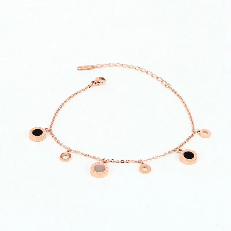 Delicate Hang Three Circle And Three Roman Numeral Black And White Shell Anklet For Women Stainless Steel Rose Gold Color Anklet Delicate Hang Three Circle And Three Roman Numeral Black And White Shell Anklet For Women Stainless Steel Rose Gold Color Anklet