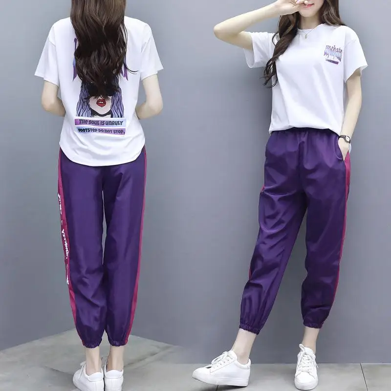 

ICHOIX purple tracksuit women 2 piece set tops and pants jogging femme casual letter print two piece outfits summer clothing set