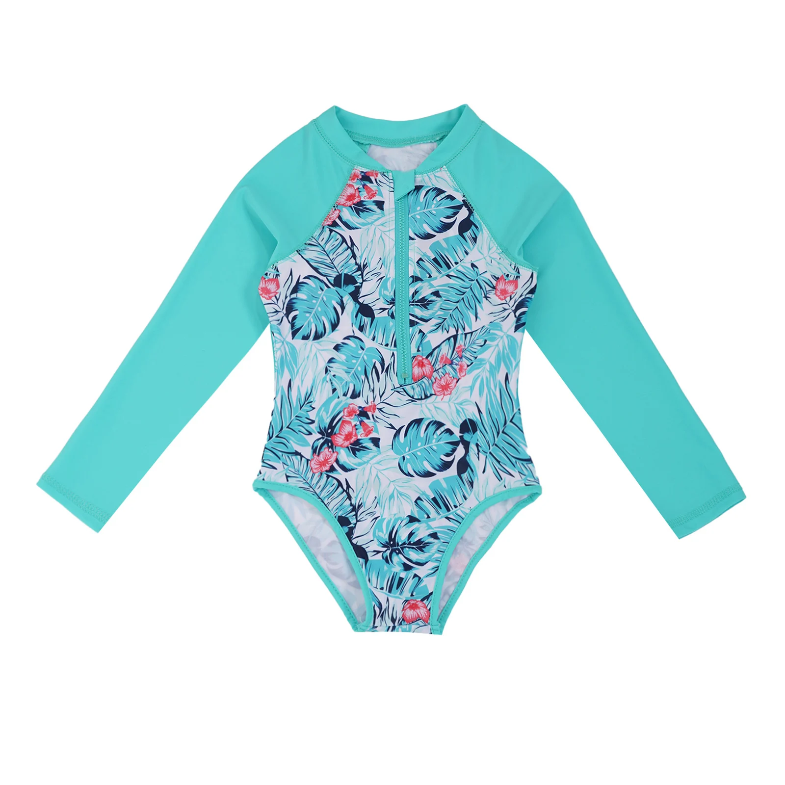 Kids Girls One Piece Swimsuit Rash Guard Beachwear Long Sleeves Floral Printed Zippered Swimwear Children Swimming Bathing Suit