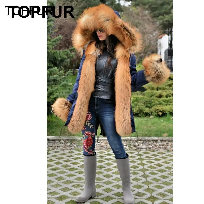 Женская парка с натуральным лисьим мехом роскошная теплая зимняя размера плюс