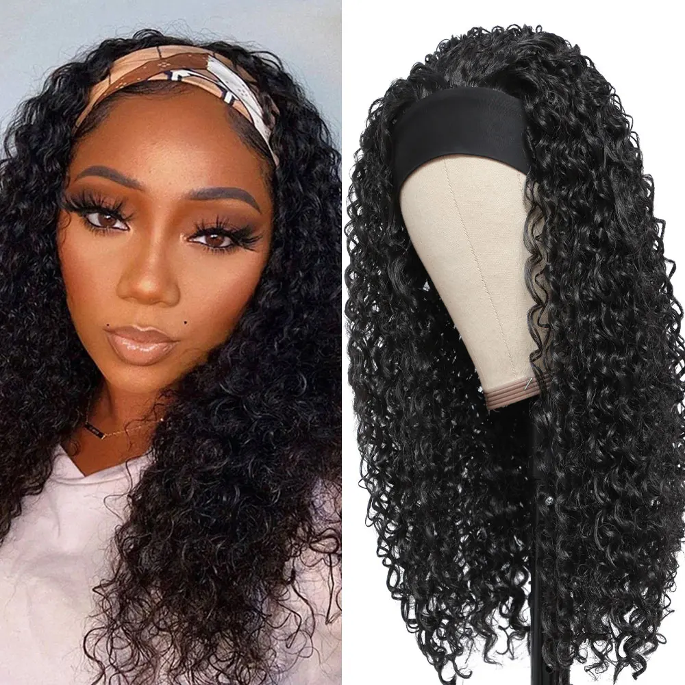 Peluca con diadema rizada para mujeres negras, hecha a máquina, pelucas de pelo sintético, cabello rizado diario con diadema