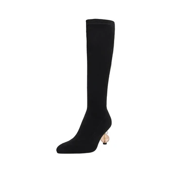 

2020 Women Fashion Pointed Toe Long Boots Transparent Heel Stretch Suede Black Apricot Design Heel Zipper Shoes Botas Mujer