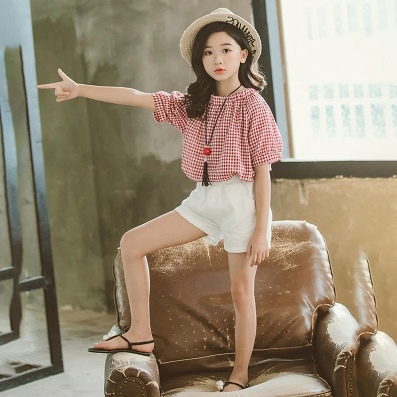 Модная летняя одежда для маленьких девочек; модная клетчатая футболка с короткими рукавами; костюмы из топа и шорт; комплект детской одежды; 11