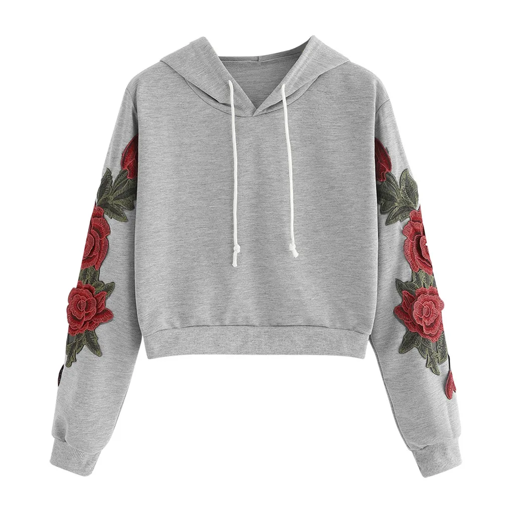 JAYCOSIN Fashion Women Casual Rose Applique Long Sleeve Sweatshirt Casual Popular Chic Solid Elegant Blouse Sweatshirt