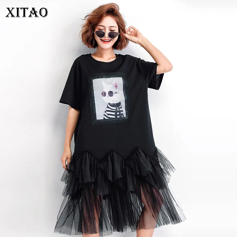 XITAO Mesh Patchwork платье миди с круглым вырезом и принтом женское свободное плюс размер модное черное платье в стиле кэжуал осень Новое Элегантное WQR1710