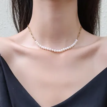 

Freshwater pearl titanium steel gold necklace, minimalist lady pearl necklace, girl charm collar high jewelry gift
