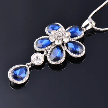 Dazzling Flower Long Pendant Necklace Silver Color Chain Gray Blue Zircon Crystal Necklace for Women Jewelry 1