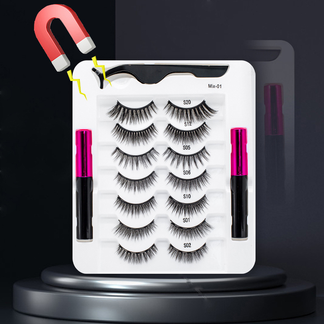 3/5/7Pairs Magnetic Eyelashes False Lashes Repeated Use Eyelashes Waterproof Liquid Eyeliner With Tweezer Makeup Set