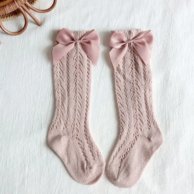 New Summer Baby Socks With Bow Toddlers Girls Long Knee High Sock Soft Cotton Hollow Out Kids Mesh Princess Socks For 0-5Years Dark Pink