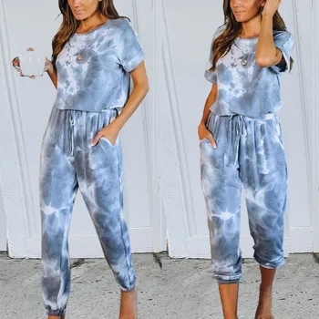 

Casual Daily Women Tie-dye Suits Wears Short Sleeve Round Collar Tops + Long Pants Two Pieces Sets For Women Homewear Sleepwear