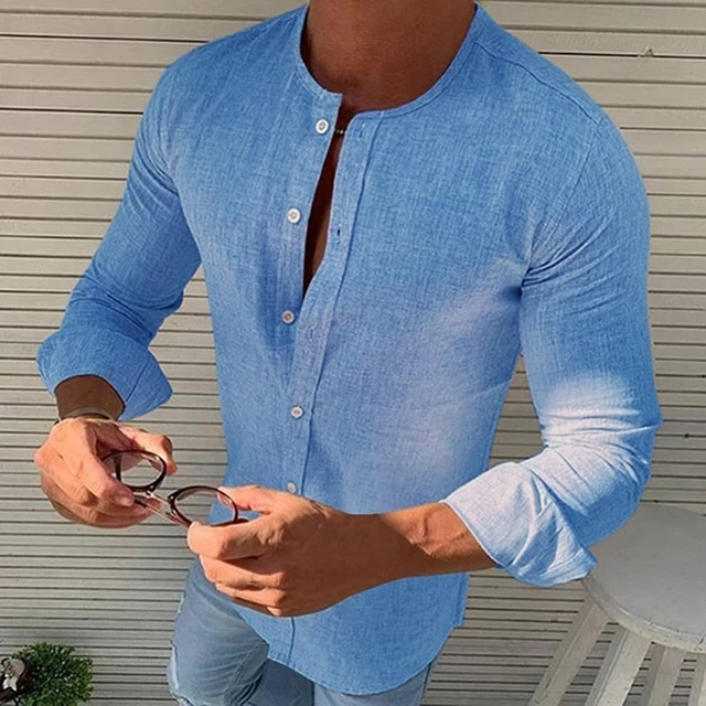 Men Casual Round Neck Solid Color Shirt 