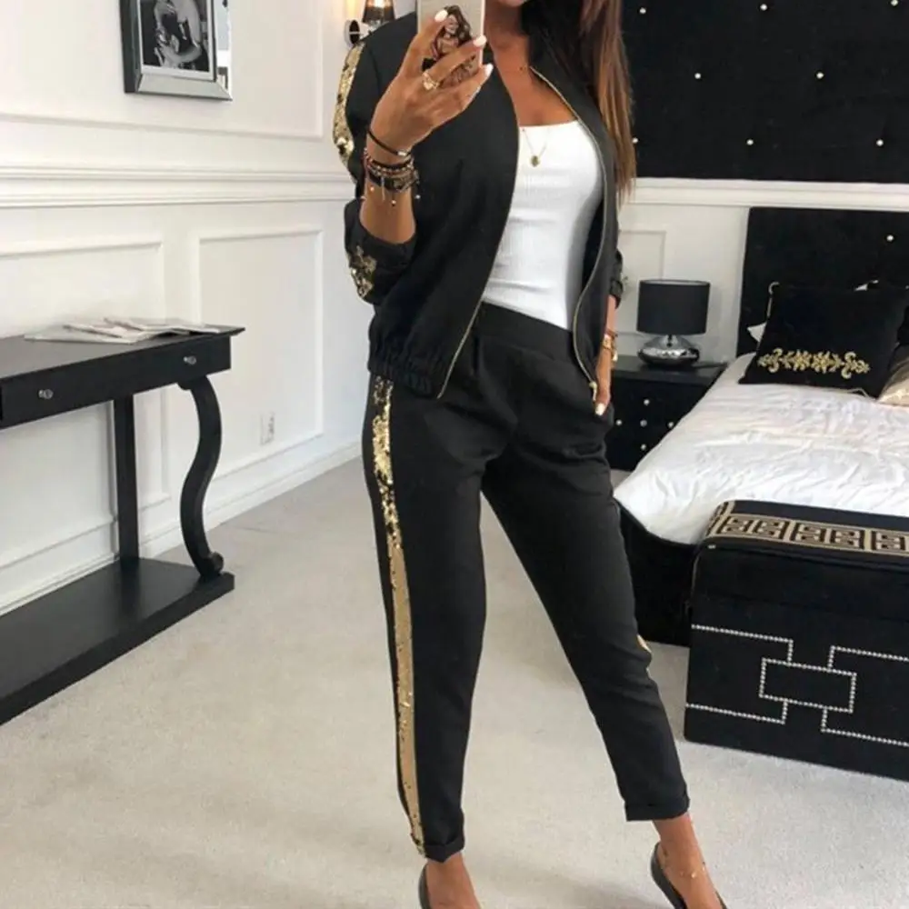 

Autumn New Fashion Casual Sequins Stitching Jacket Trousers Sports Suit Women Outdoor Fitness Sweatpants+ Jacket Streetwear