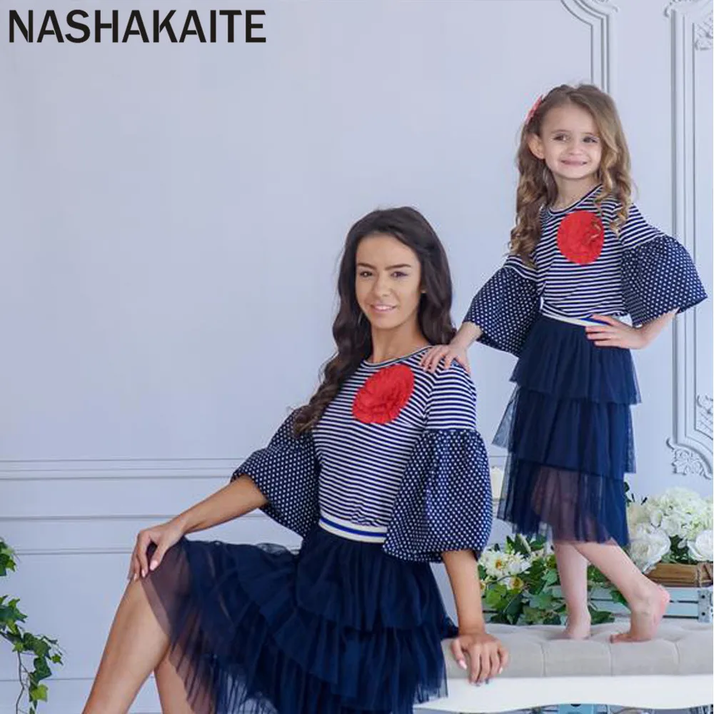 NASHAKAITE г. Осенние Новые Топы в полоску с пышными рукавами для мамы и дочки, модная одежда для мамы и дочки