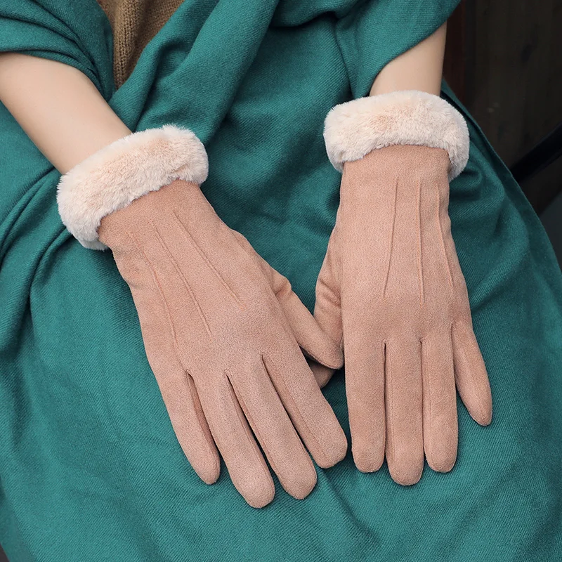 Зимние флисовые Теплые Перчатки женские тачскрин толстые замшевые меховые кожаные плюшевые перчатки рукавицы модные повседневные перчатки для вождения